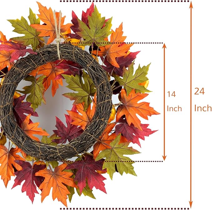YULETIME 24" Fall Wreath, Artificial Autumn Wreath with Red, Orange, Green Maple Leaves and Orange, Purple, Green-Yellow Pumpkins (Pumpkin & Maple Leaf)