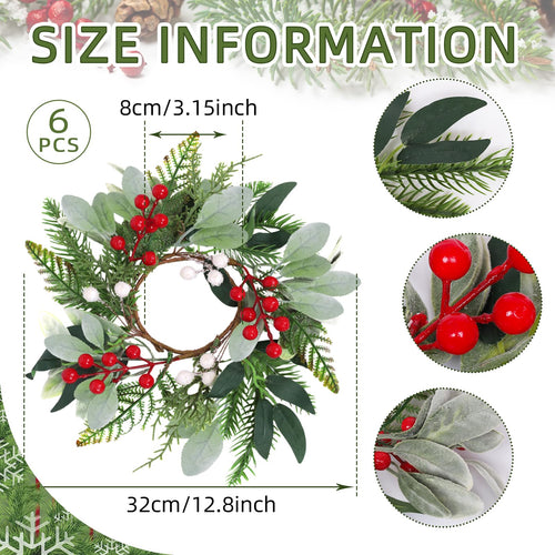 6 Pcs 9'' Mini Christmas Hanging Wreaths Artificial Norfolk Pine Red Berries and Lambs Ear Leaves Small Candle Ring Wreaths for Kitchen Cabinet Farmhouse Front Door Window Xmas (Excluding Ribbons)