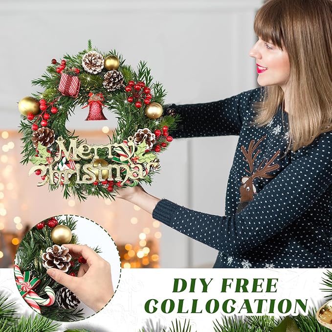 Zeyune Christmas DIY Green Wreath 14 Inch Artificial Christmas Wreaths Faux Plain Wreaths for Decorating Front Door Window Room Farmhouse Xmas Party Indoor Outdoor(Willow Pine,8 Pcs)