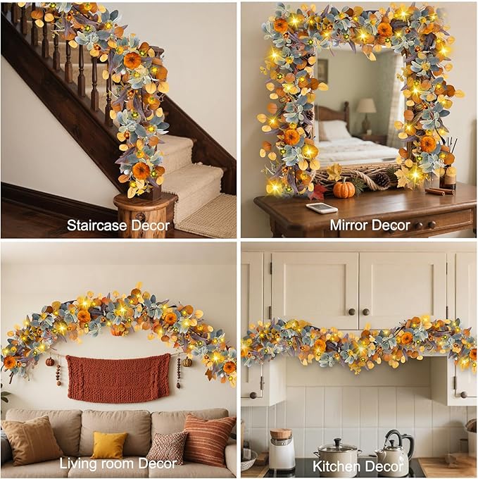 Fall Garland with Lights, 6FT Fall Leaves Garlands, Artificial Eucalyptus Garland with Pumpkins Berries for Home Mantle Fireplace Decor Thanksgiving Christmas Party Autumn Decoration (6FT)