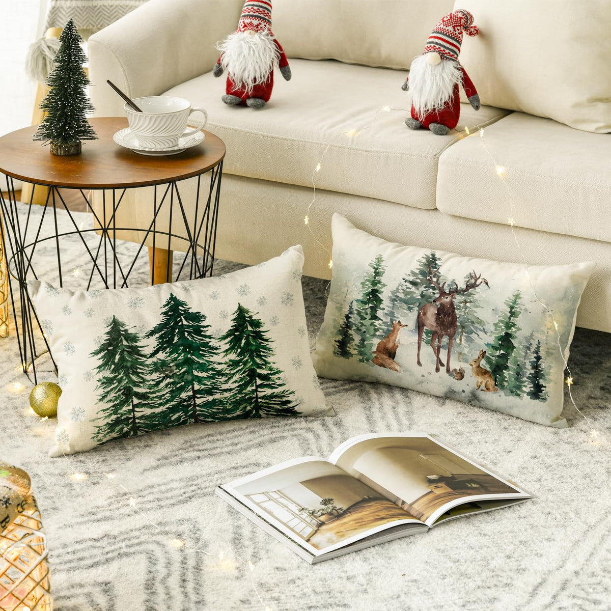 AVOIN colorlife Merry Christmas Trees Reindeer Snowflake Throw Pillow Covers, 12 x 20 Inch Xmas Red Berries Hello Winter Holiday Cushion Case Decoration for Sofa Couch Set of 4