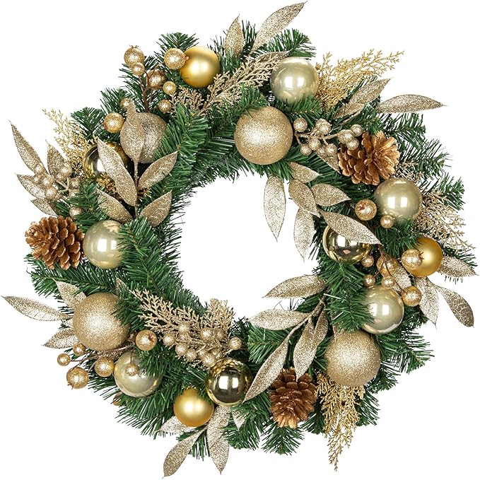 24 inch Christmas Door Wreath, Pine Wreaths for Front Door with Golden Ball Glittered Leaf Spray Stems Pinecones Berries for Fireplace Xmas Decorations, Wall Window Indoor Outdoor Decor