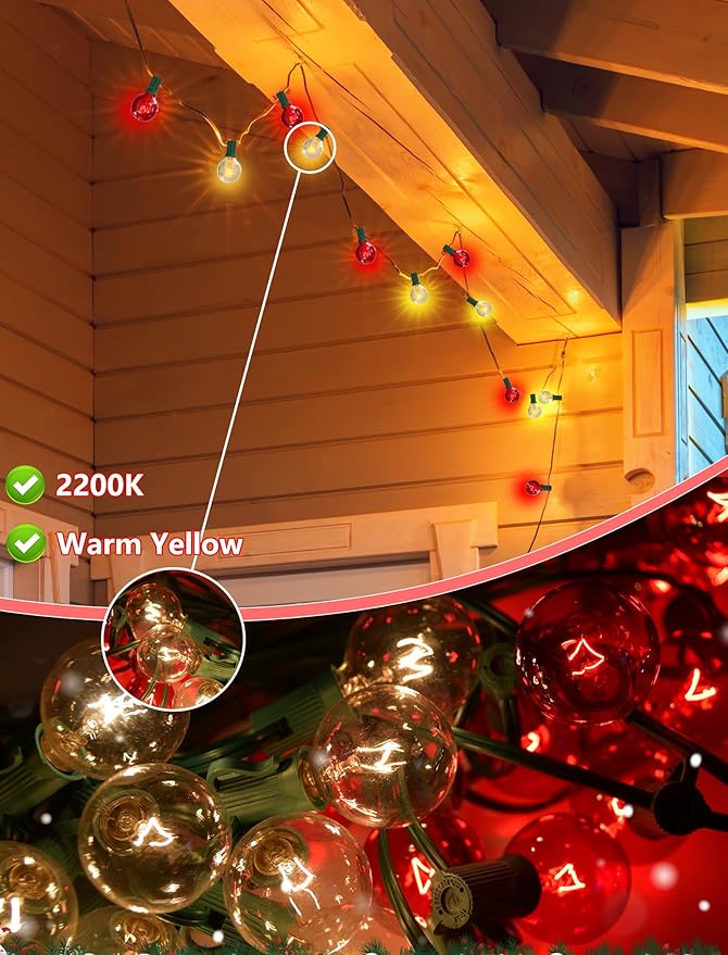 SUNSGNE G40 Red and White Christmas Lights, 25FT Christmas Globe Lights with 25 Clear Red and White Round Bulbs for Outdoor Indoor Xmas Pergola Gazebo Patio Yard Decorations