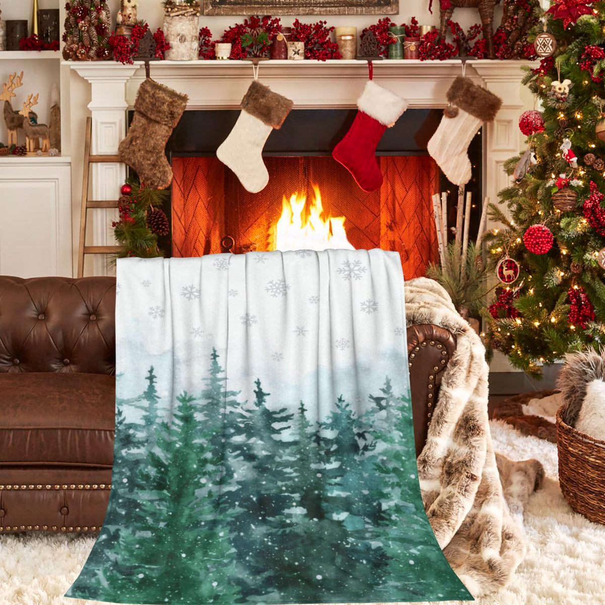 Christmas Blanket Watercolor Pine Tree Forest, Xmas Winter Snowflake Snowy Soft Cozy Throw Blanket, Queen Size Lightweight Flannel Blanket for Home Party Bed Sofa Couch, 60" x 80"