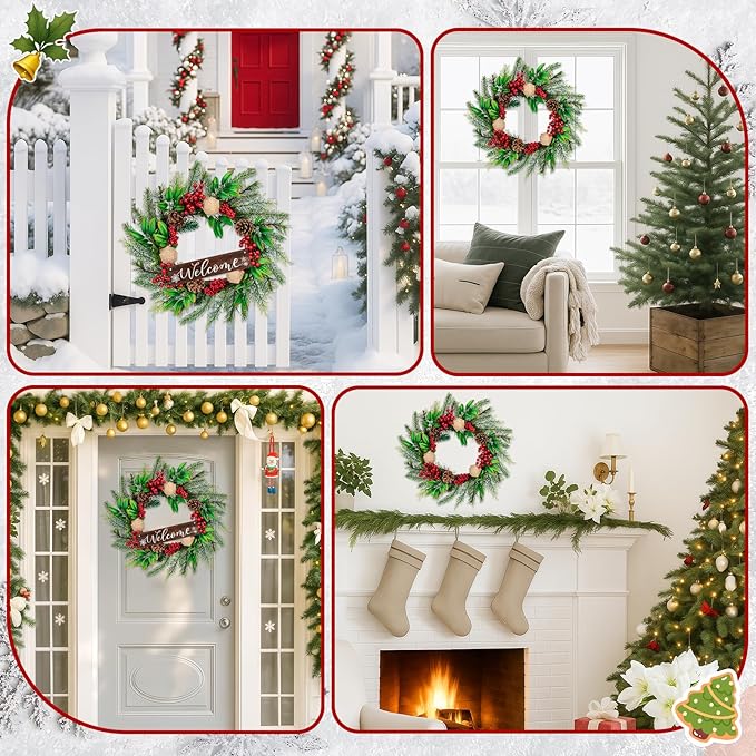 Christmas Wreaths for Front Door Outside Decor, 20" Red Berries Linen Ball Pine Boughs Winter Artificial Wreath Decorations with Hanging Sign for Xmas Holiday Home Door Wall Window Fireplace Indoor