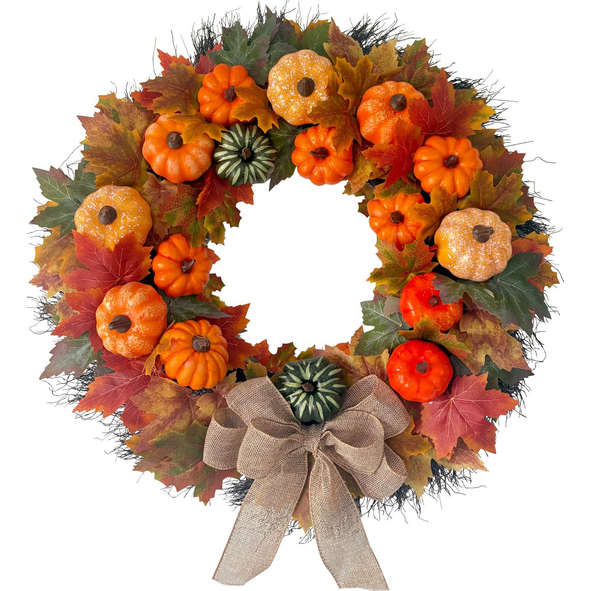 HipTree 20 Inch Fall Wreath for Front Door, Rustic Farmhouse Artificial Wreath with Plastic Pumpkins Maple Leaves Burlap Bow, Halloween Thanksgiving Harvest Decor for Porch Wall Indoor Outdoor