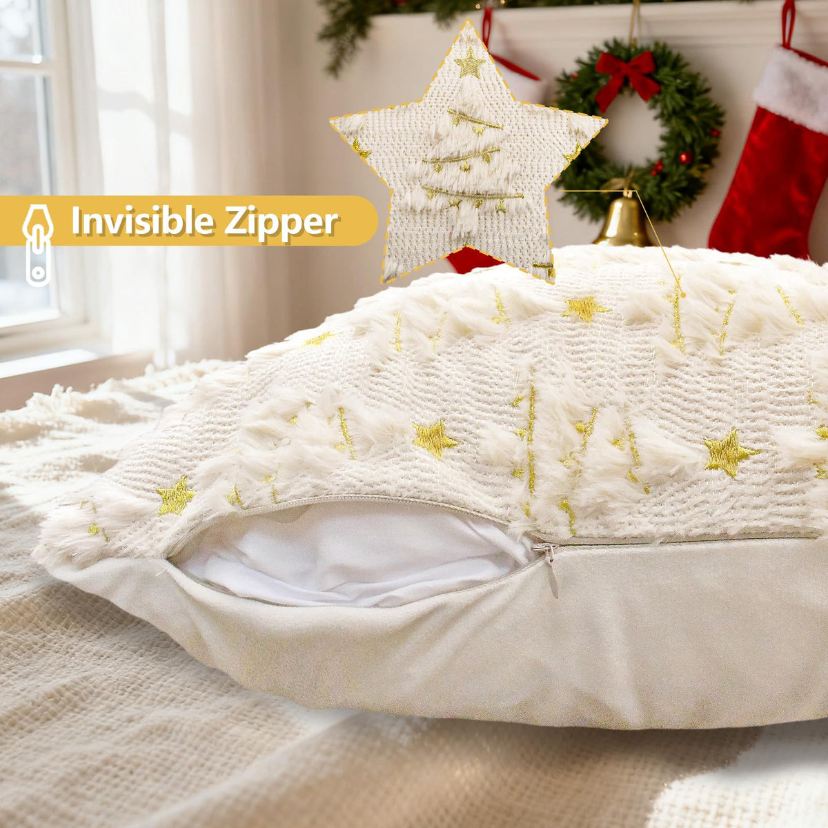 Christmas Pillow Covers 18x18 inch Set of 2 Soft Plush Faux Fur Christmas Decoration Beige Xmax Tree Yellow Colored Lights Decor Pattern Throw Pillow Case for Sofa Holiday Festivals Winter Home Decor
