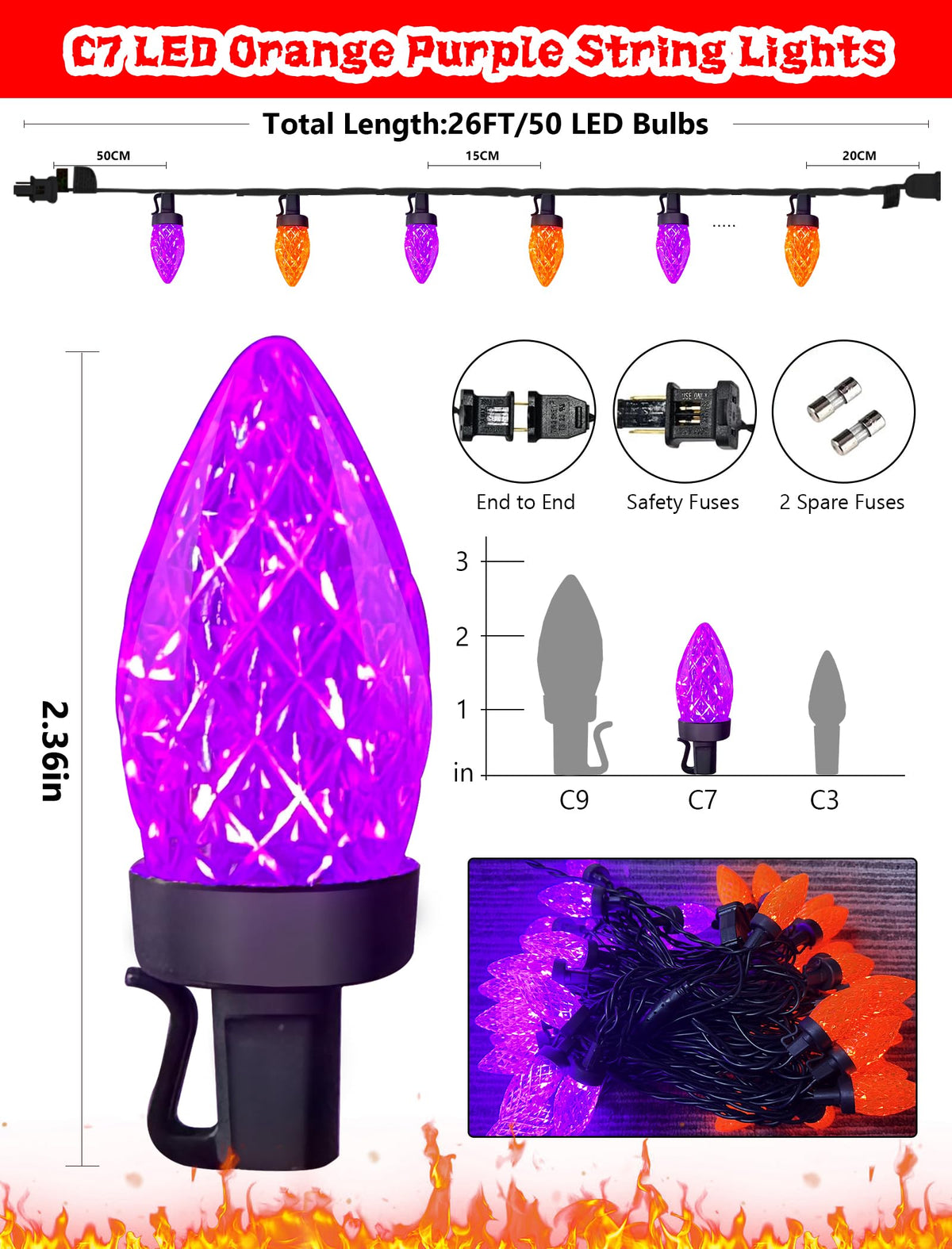 26FT Halloween String Lights Outdoor, 50 C7 LED Orange and Purple String Lights Waterproof, Plug-in Halloween Patio Decorative Lights for Indoor Roofline Backary Porch House Holiday Party Decor