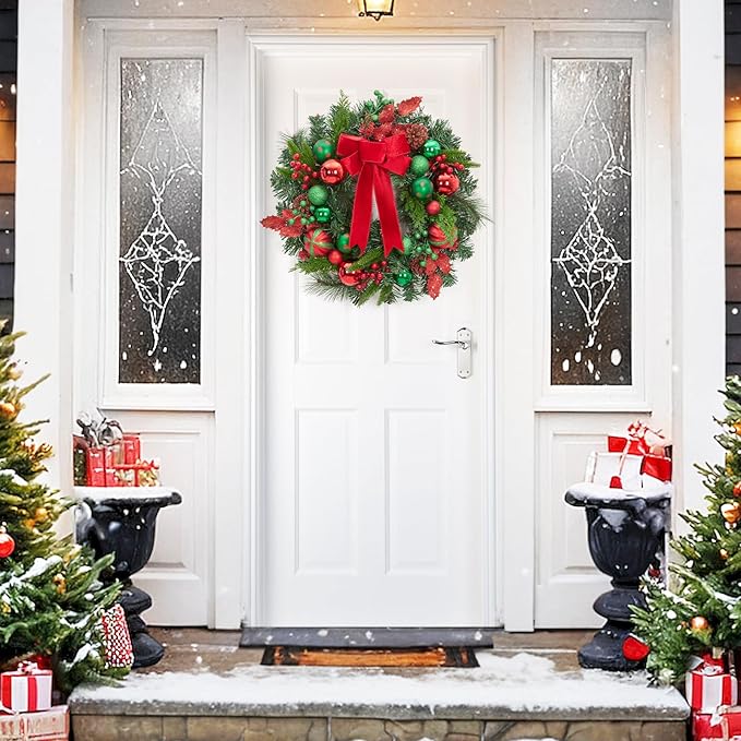Christmas Wreath for Front Door, 22 Inch Large Outdoor Christmas Wreath, Lighted Xmas Wreath with Red Green Ball Ornaments Velvet Bow and 30 LED Lights for Fireplace Window Holiday Decor