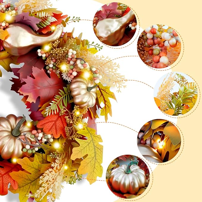 Fall Wreaths for Front Door,Sunflower Autumn Wreath with Lights,Pumpkins and Bows,for Thanksgiving Halloween Farmhouse Indoor Outdoor Outside (Golden Pumpkin)