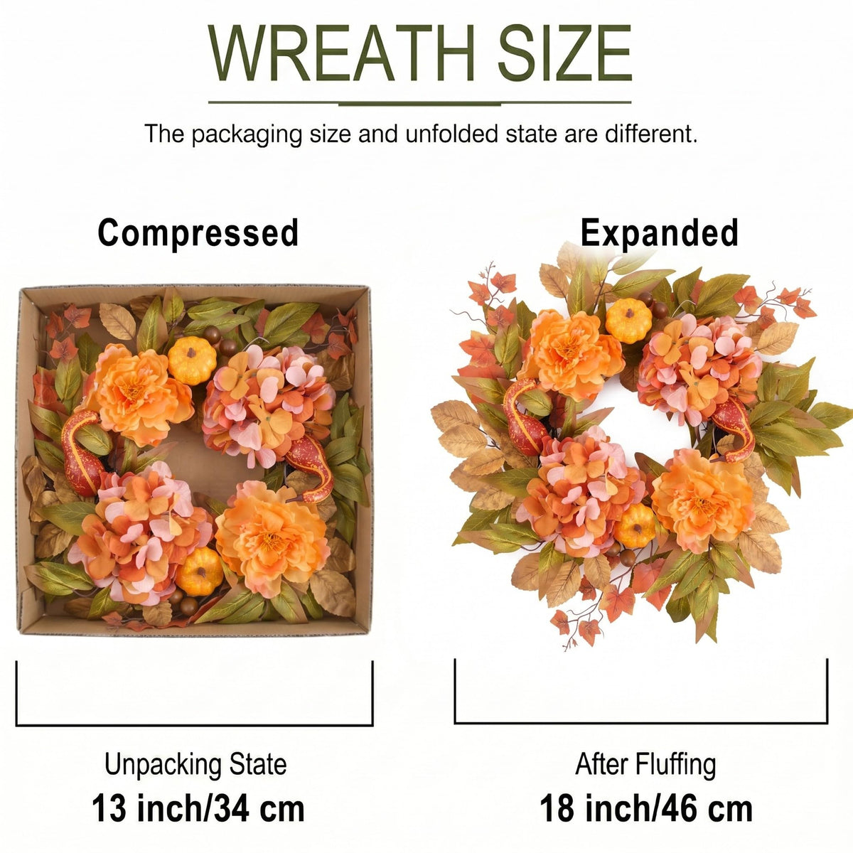 DecorbyHannah Fall Wreath for Front Door, 18 Inch Lighted Autumn Harvest Pumpkin Door Wreath with Lights, Artificial Yellow Peony Hydrangea Maple Leaf Decor for Mantle Porch Wall Home Indoor Outdoor