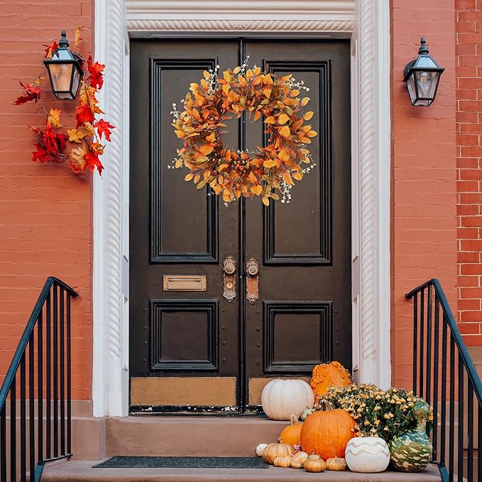 Sggvecsy Artificial Fall Wreath 21’’ Autumn Front Door Wreath with Fall Leaves Small Pumpkins Cluster of Berries for Outside Indoor Wall Window Festival Thanksgiving Fall Harvest Autumn Decor