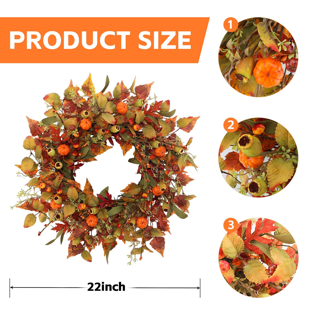 22 inch Artificial Fall Wreaths for Front Door,Autumn Wreath with Pumpkin and Maple Leaves Suitable for Indoor Outdoor Wall Porch Harvest Festival Thanksgiving Day Farmhouse Holiday Decor.