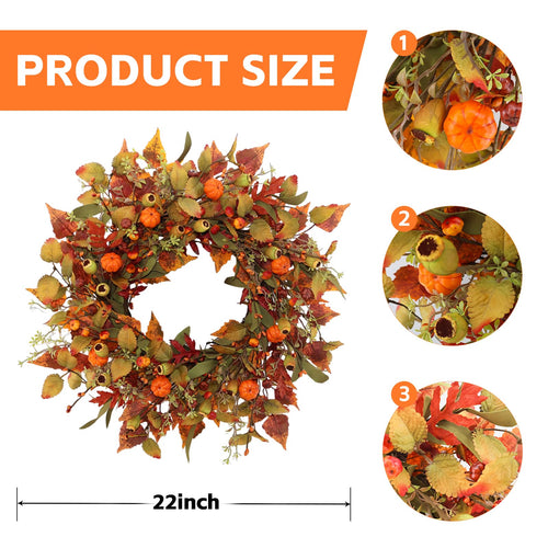 22 inch Artificial Fall Wreaths for Front Door,Autumn Wreath with Pumpkin and Maple Leaves Suitable for Indoor Outdoor Wall Porch Harvest Festival Thanksgiving Day Farmhouse Holiday Decor.