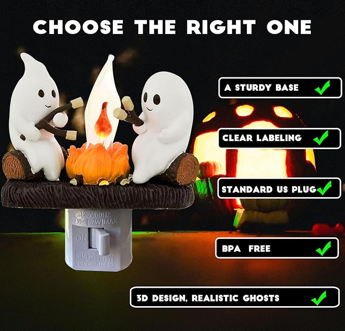 Ghost Campfire Nightlight,Halloween Campfire Flickering Night Light,3D Spooky Fire Marshmallow Night Light for Halloween Decor (Cute Ghost)
