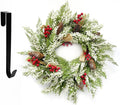 Artificial Christmas Wreath with Hanger for Front Door with Pine Cone, Red Berries, Burlap Ribbon & Snowflake, Indoor Outdoor Holiday Wall Windows Wreath Flocked with Mixed Decorations 23inch