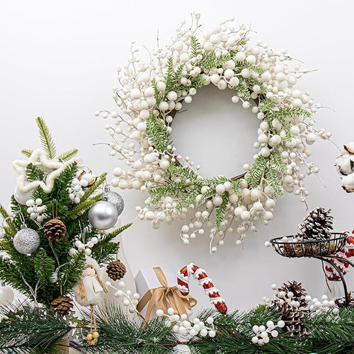 20 Inches White Christmas Wreath Farmhouse Christmas Wreaths for Front Door Rustic Winter Wreath with White Berry Fir Pine Needle for Doors Window Indoors Porches Outside