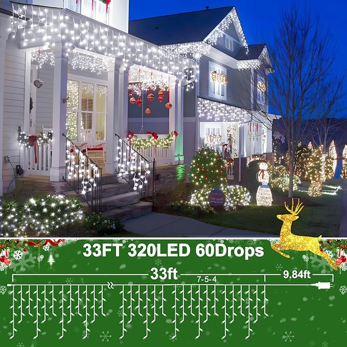 50FT 480 LED Christmas Lights Outdoor Decorations with 90 Drops Timer 8Mode Curtain String Lights Waterproof Plug in Fairy Lights for Indoor,Xmas,Party,Patio,Window,Fence,Trees Decor(Cold White)