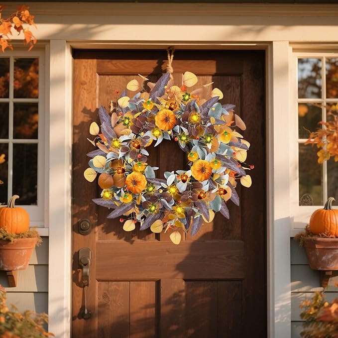 Fall Wreaths for Front Door, 20" Fall Wreath with Lights, Artificial Autumn Door Wreaths-Pumpkin, Berry Branch, Mixed Leaves Decor for Home Outside Indoor Wall Harvest Festival Thanksgiving Decoration