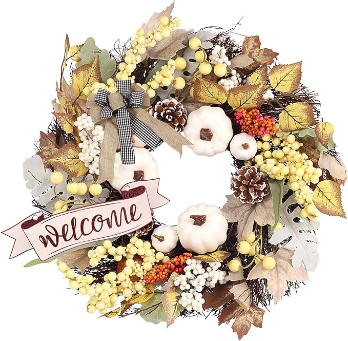 Fall Wreaths for Front Door Outside Decor, 22" Pumpkin Berry Maple Leaves Pine Cone Wreath Autumn Decorations with Bow and Hanging Sign for Thanksgiving Home Outdoor Indoor Porch Harvest