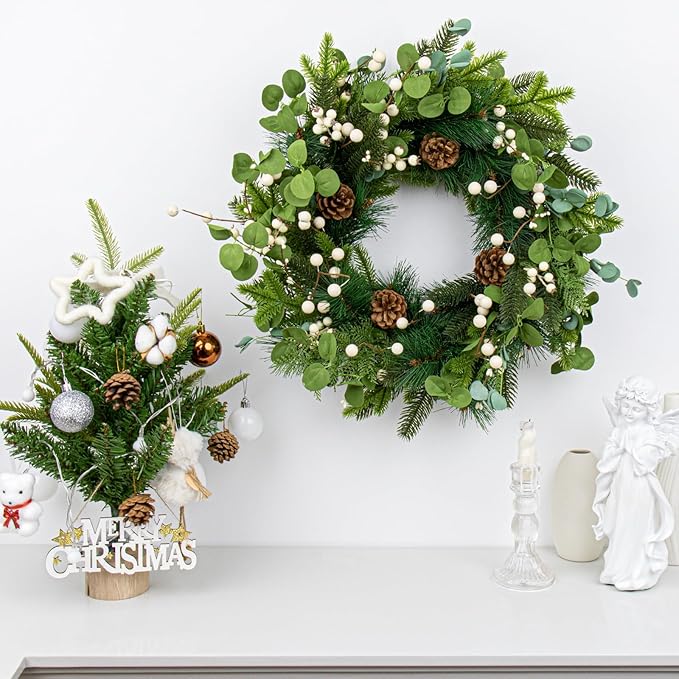 20 Inches Vintage Christmas Wreath Classic Christmas Wreaths for Front Door Rustic Holiday Winter Wreath with White Berry Pine Cones for Doors Windows Indoors Outside Hanging Decoration