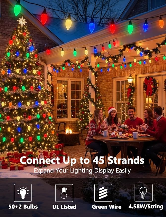 LED Christmas Lights Outdoor, 26FT 50 Count Multicolor C9 String Lights, Energy-Saving Vintage Christmas Lights, Connectable Plug-in Outside Colored Christmas Tree Lights for House Decorations