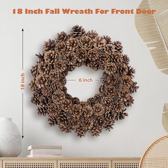 Fall Wreaths for Front Door 18 Inch Pine Cone Wreath for All Seasons, Fall Door Wreath for Home Decor, Farmhouse Wall Porch Window Door Decoration for Thanksgiving Christmas Celebration