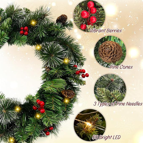 24 Inch Artificial Pre-Lit Christmas Wreath with Suction Cup Hook, Mixed Pine Decorated Frosted Berries, Pinecones, 50 LED Lights, Battery Operated, Holiday Decoration for Front Door, Outdoor