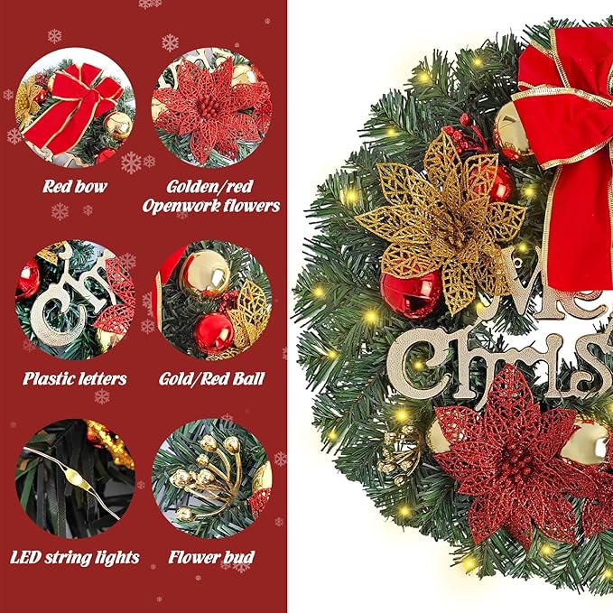 FR Artificial Pre-Lit Fir Christmas Wreath Holiday Accent Decoration, Wintry Pine, Decorated with Pine Cones Berry Clusters, with LED Lights Battery Operated for Door, Mantel - 20 Inch