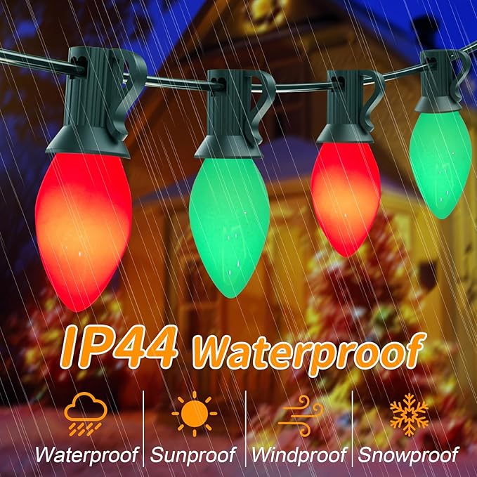 C7 LED Christmas Lights, 25Ft Outdoor Multicolor String Lights with 27 Red Green LED Bulbs, Connectable Indoor Outdoor Christmas String Lights for Tree Backyard Porch Party Holiday Decor-Red & Green