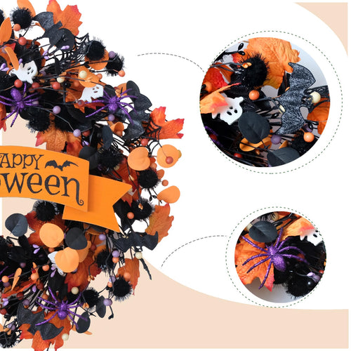22 Inch Halloween Orange Black Boxwood Wreath with Ghost Spider for Front Door, Soft Touch Boxwood Berries Wreath for Indoor Outdoor, Happy Halloween Sign Wreaths for Home Decor