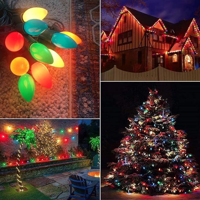 C7 LED Christmas Lights Vintage 25Ft Outdoor Multicolor String Lights with 27 Multicolor LED Bulbs, Vintage Christmas Lights for Christmas Backyard Carnival Patio Wedding Holiday Decoration-Green Wire