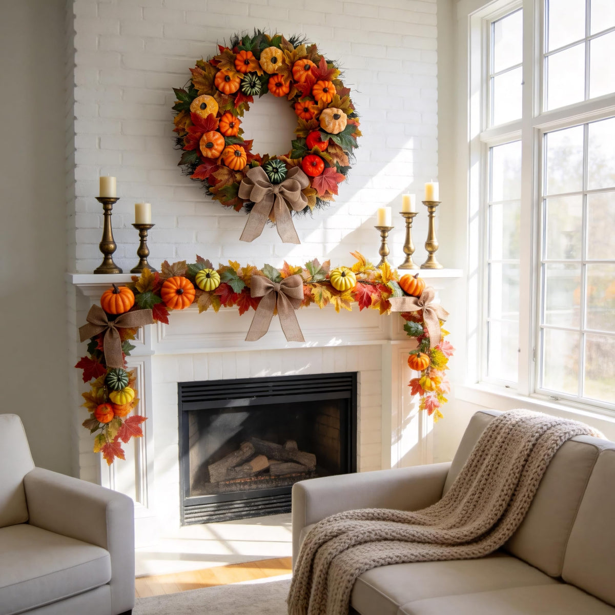 HipTree 20 Inch Fall Wreath for Front Door, Rustic Farmhouse Artificial Wreath with Plastic Pumpkins Maple Leaves Burlap Bow, Halloween Thanksgiving Harvest Decor for Porch Wall Indoor Outdoor