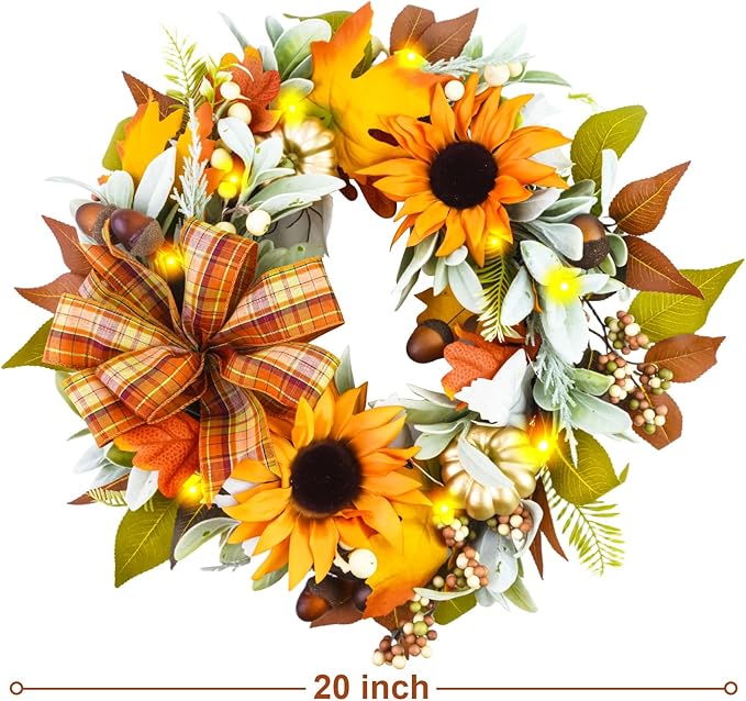Fall Wreaths for Front Door,Sunflower Autumn Wreath with Lights,Pumpkins and Bows,for Thanksgiving Halloween Farmhouse Indoor Outdoor Outside (Yellow Sunflower)