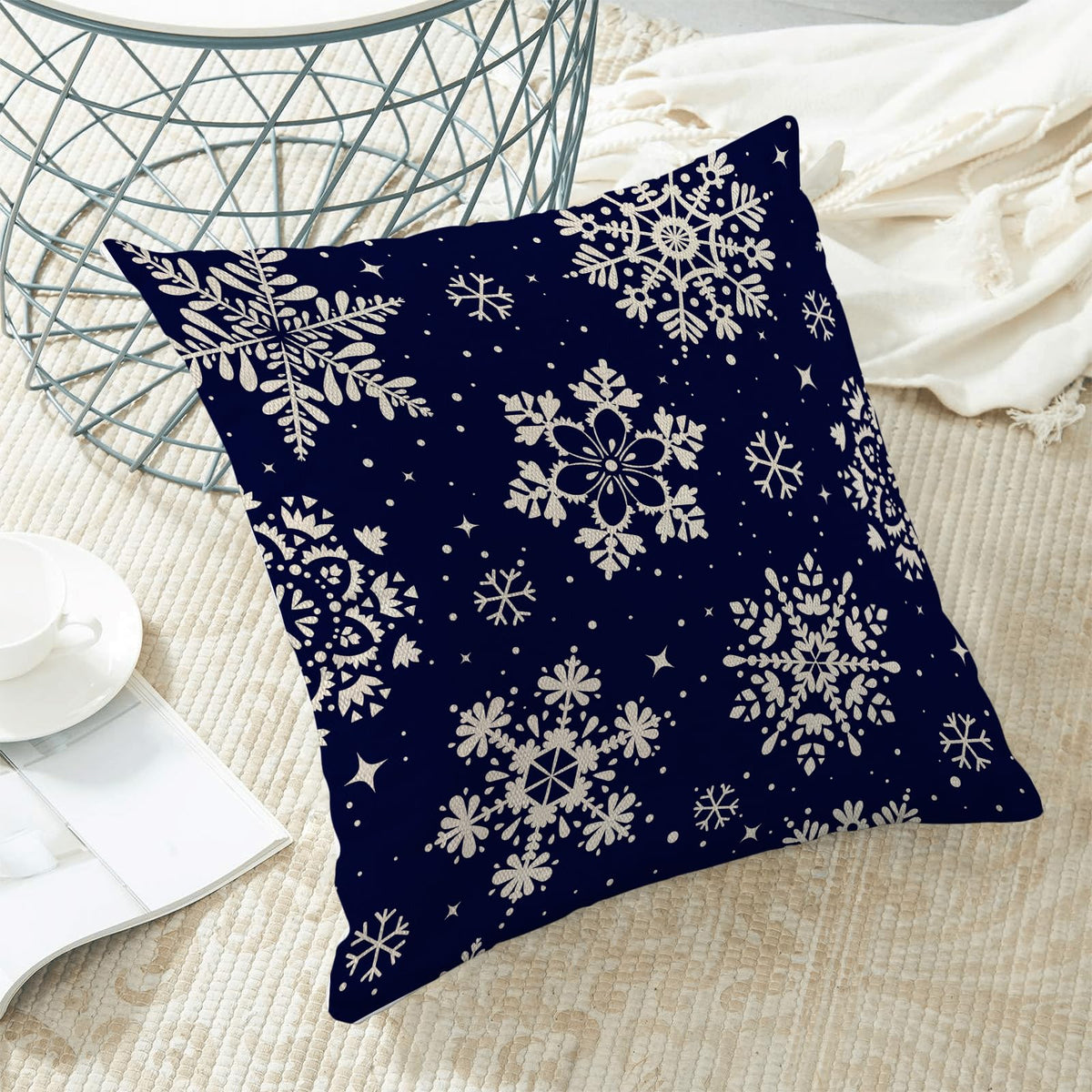 Christmas Pillow Covers 20x20 Inch 2 Pcs, Navy Blue White Snowflakes Decorative Throw Pillows for Couch, Xmas Winter Outdoor Decor Pillowcase Linen Cushion Cover for Bed Sofa