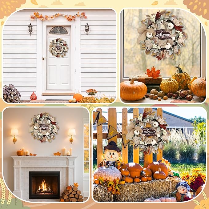 Fall Wreaths for Front Door Outside Decor, 20" Eucalyptus Maple Leaves Pumpkins Autumn Wreath Decorations with Bow and Hanging Sign for Thanksgiving Home Outdoor Indoor Porch Harvest