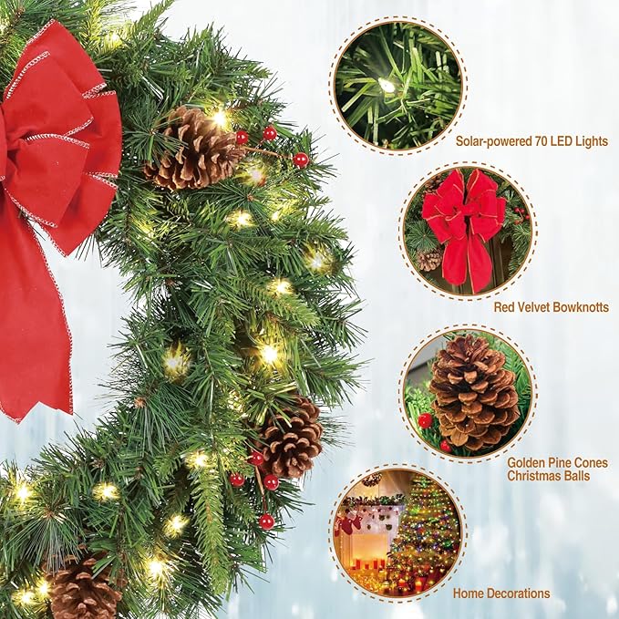 Solar Christmas Wreath 30 Inch Pre-Lit Solar 70 Led Artificial Wreath Outdoor Front Door Window Christmas Decor with Frosted Branches Pine Cones Berry Clusters Red Velvet Bows (3001)