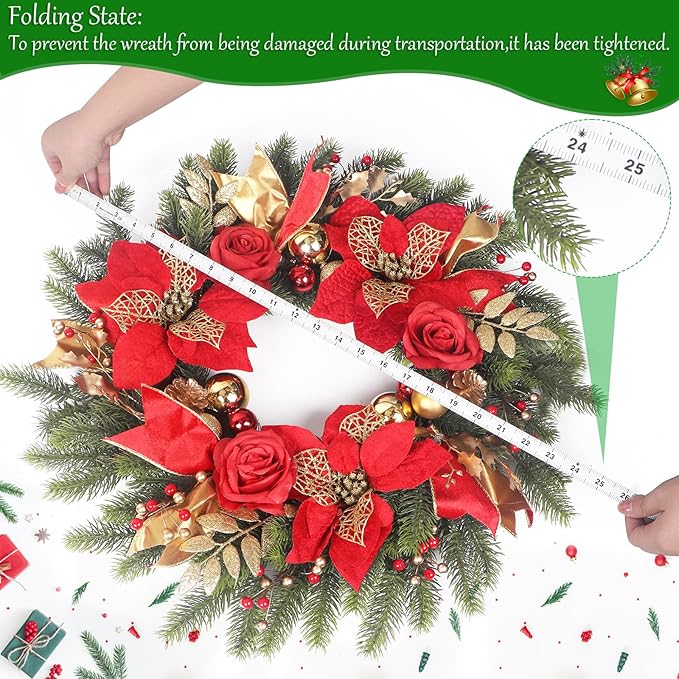 Christmas Wreaths for Front Door,Winter Wreaths for Indoor and Outdoor Christmas Decorations,Christmas Door Wreath with Red Christmas Flowers and Golden Ball,Pine Cones for Christmas Decor