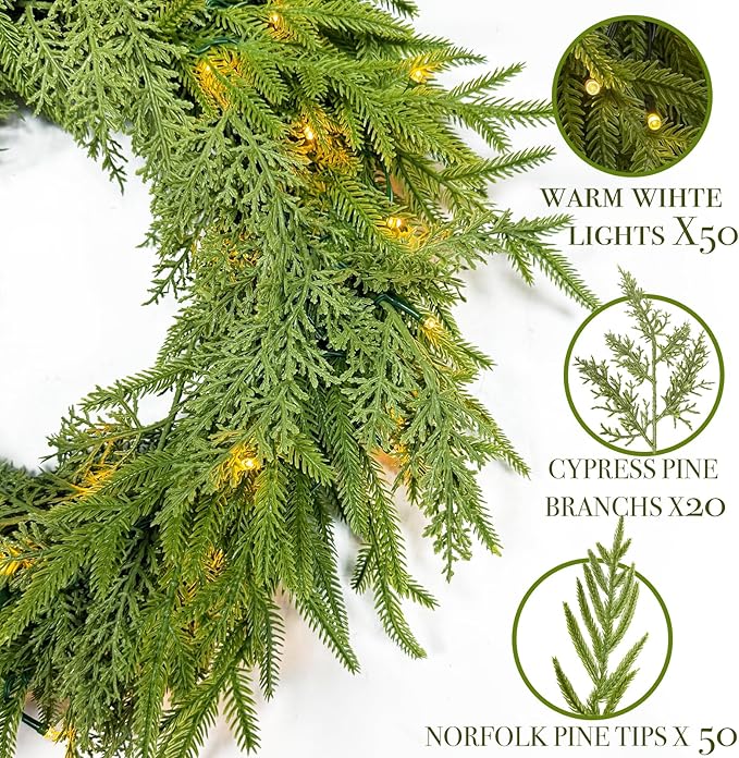 24" Prelit Christmas Wreath for Front Door, Real Touch Norfolk Pine Wreath Thick & Soft Christmas Wreaths with Light, Timer, Norfolk Pine Cypress Leaf Christmas Door Wreath for Home Wall Outdoor Decor