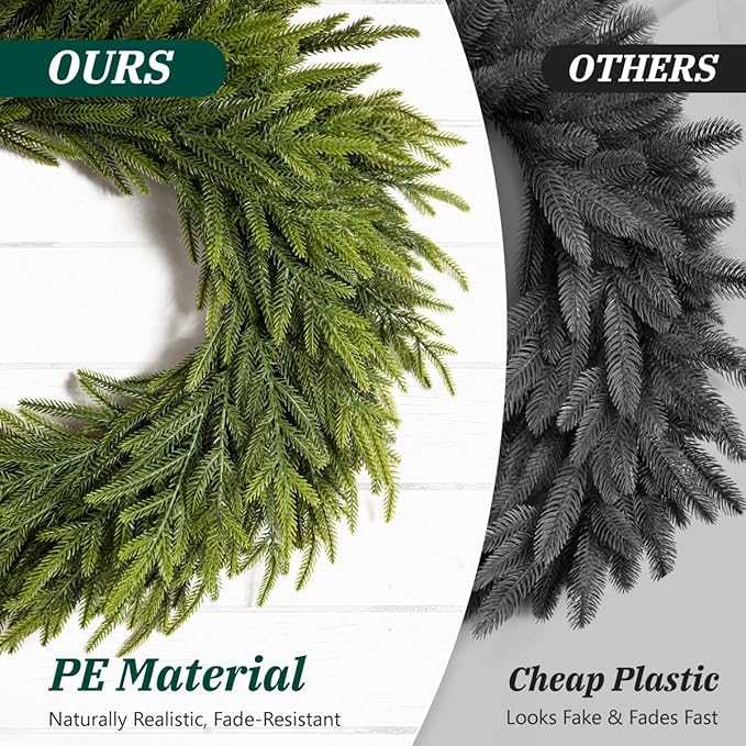 24 Inch Real Touch Christmas Wreath for Front Door, Norfolk Pine Wreath with Welcome Sign, Large Artificial Green Wreath Home Indoor, Porch, Fireplace, Wall, Windows, Outdoor Decor