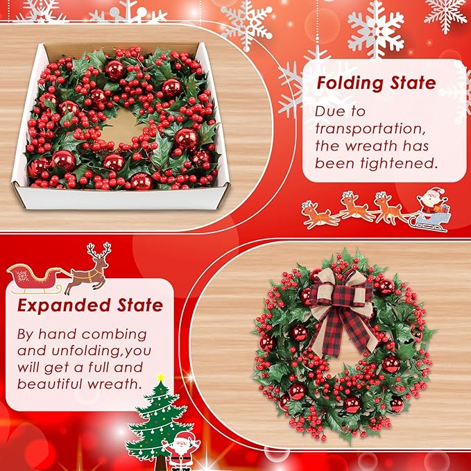 Christmas Wreaths for Front Door Outside Decor, 20" Red Berries Ornaments Balls Pine Branches Winter Artificial Wreath Decorations with Plaid Bow for Xmas Holiday Home Wall Fireplace Indoor Porch