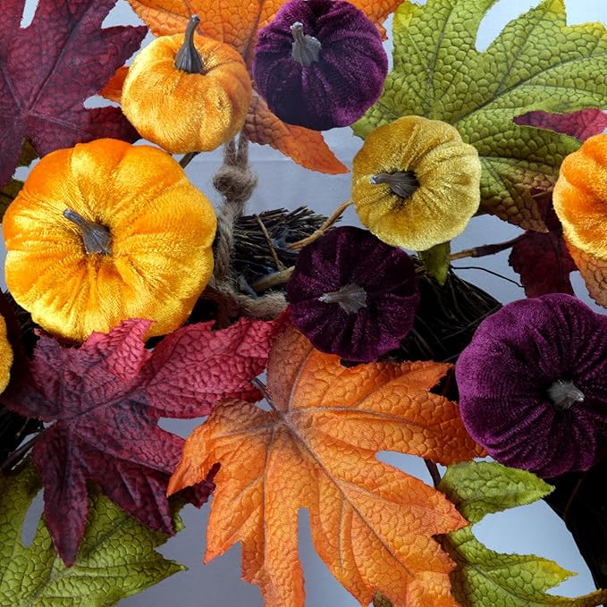 YULETIME 24" Fall Wreath, Artificial Autumn Wreath with Red, Orange, Green Maple Leaves and Orange, Purple, Green-Yellow Pumpkins (Pumpkin & Maple Leaf)