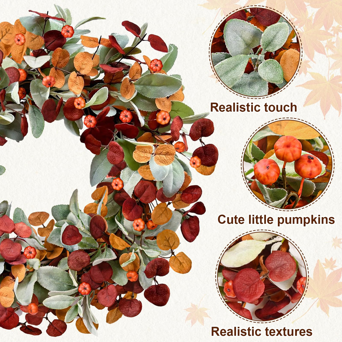 Waipfaru Fall Decor, 22 Inch Fall Wreaths for Front Door, Autumn Door Wreath with Lambs Ears Leave Eucalyptus Leaves Pumpkin Thanksgiving Harvest Halloween Farmhouse Home Outdoor Porch Indoor Decor