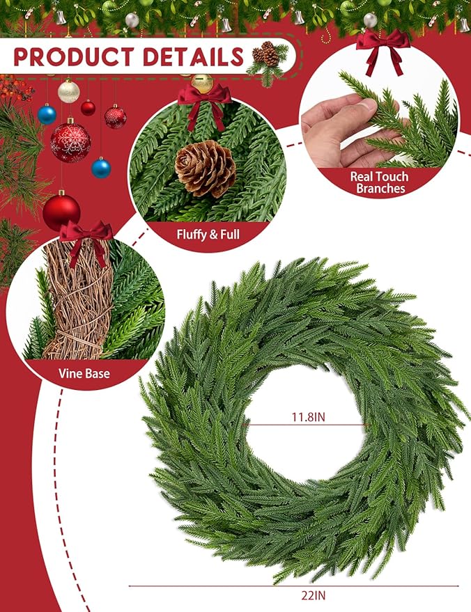 22 Inch Norfolk Pine Wreath - Christmas Wreaths for Front Door, Year-Round Real Touch Greenery Artificial Greenery Wreath for Walls, Windows, Porches, Farmhouse, Indoor/Outdoor Home Décor