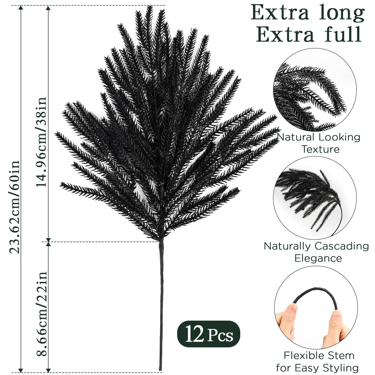 N&T NIETING 12Pcs Halloween Norfolk Pine Stems, 24'' Long Artificial Black Norfolk Pine Branches, Real Touch Picks, Faux Floral Branch for Mantel DIY Xmas Home Decoration Indoor Christmas Decor