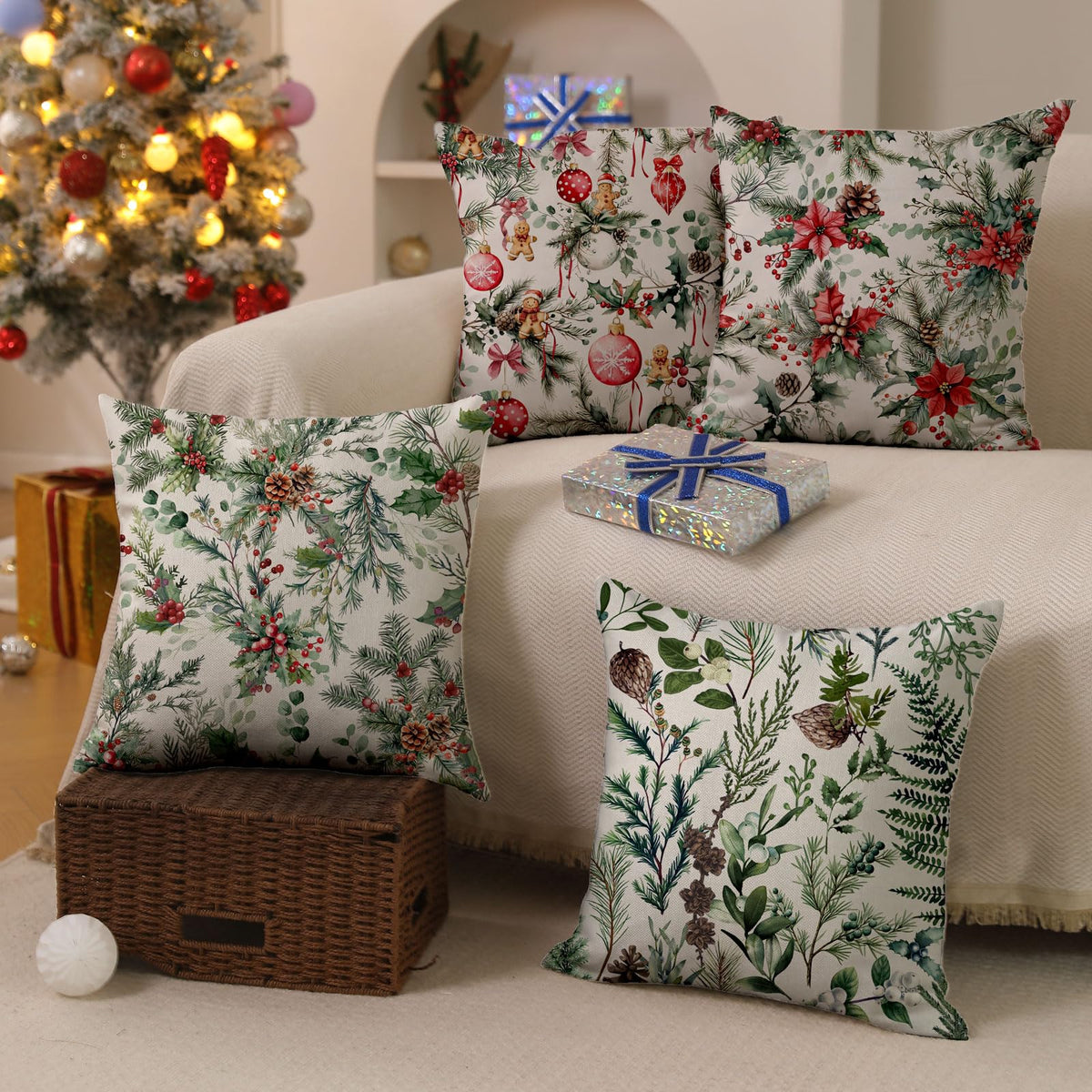 DFXSZ Christmas Pillow Covers 18x18 Inch Set of 2 Xmas Pine Branches with Red Berry Pine Cone Decorative White Throw Pillows Winter Christmas Decor for Home Couch ST025D18