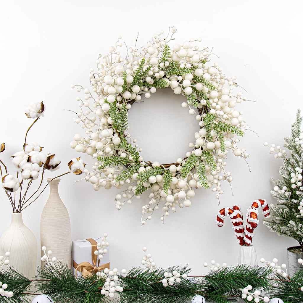 Yawwind 20 Inches White Christmas Wreath Farmhouse Winter Wreath Rustic Winter Wreaths for Front Door with White Berry Fir Pine Needle for Doors Window Indoors Porches Outside