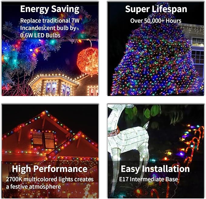 C9 Christmas Lights Outdoor, 25 Ft Multicolor Vintage LED Christmas String Lights for Roofline Xmas Tree Holiday Wedding Party Garden Home Decor - Green Wire