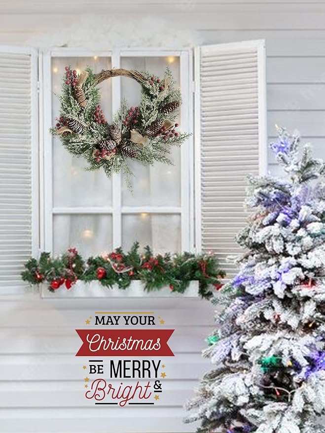 Artificial Christmas Door Wreath, Christmas Wreaths for Front Door, Window Wreaths with Pine Cone, Red Berries, Burlap Ribbon & Snowflake, Holiday Indoor/Outdoor Wreath Decorations, 23 inch