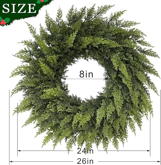 24" Real Touch Christmas Cedar Wreath - Artificial Cedar Wreaths Faux Green Fake Pine Needles Wreath for Front Door, Wall, Windows, Home,Outdoor,Xmas Decor